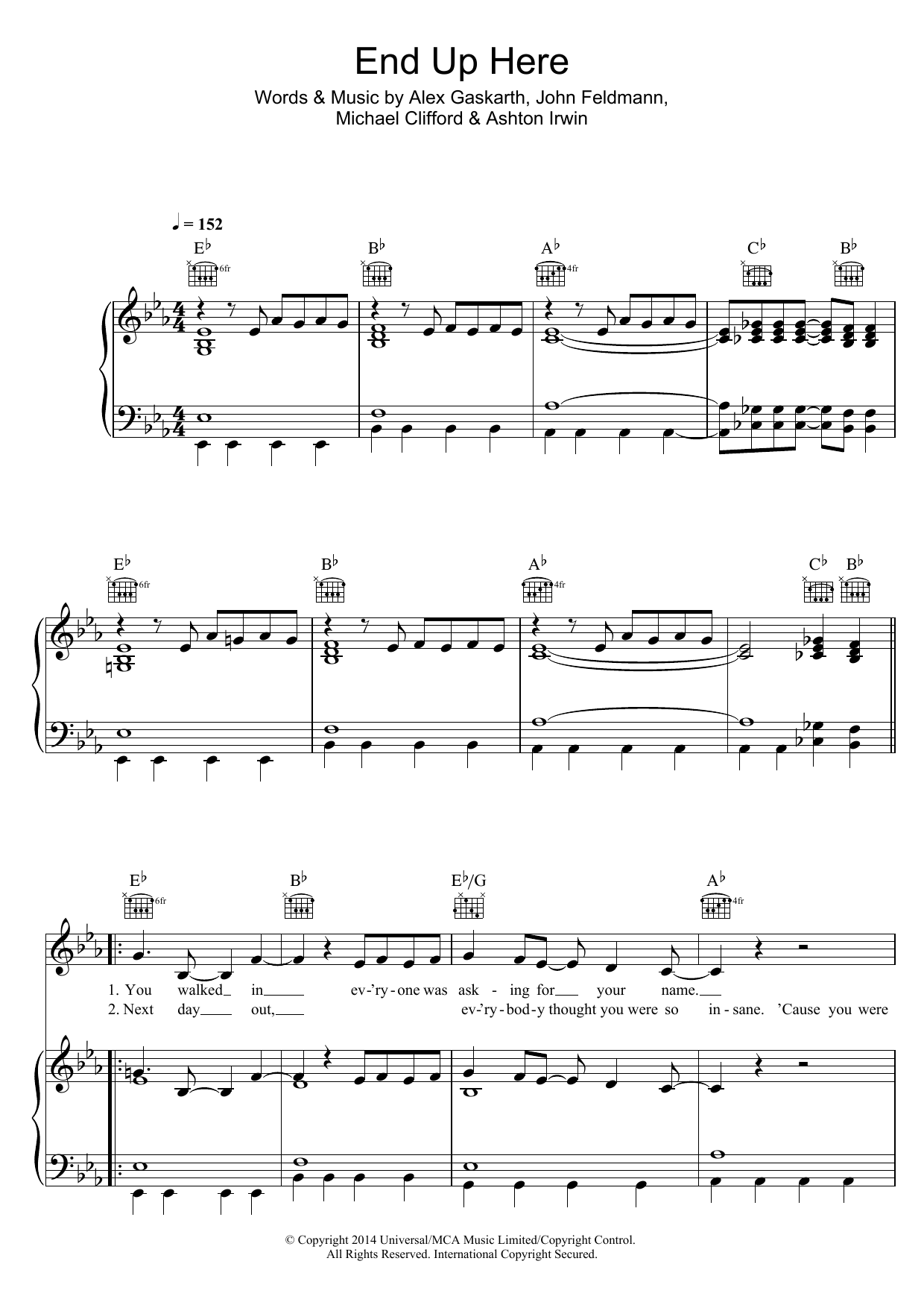 5 Seconds of Summer End Up Here sheet music notes and chords arranged for Piano, Vocal & Guitar Chords (Right-Hand Melody)
