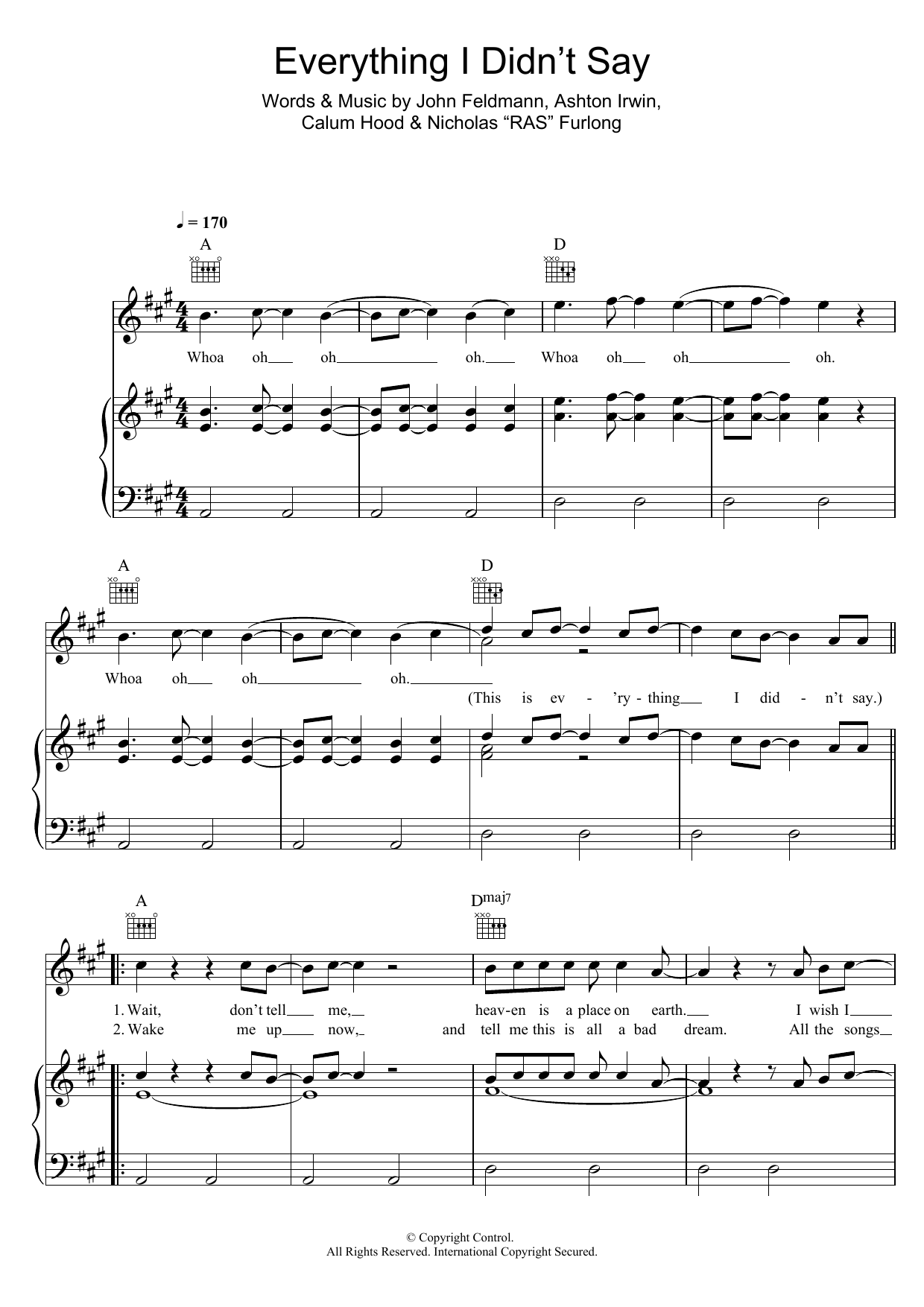 5 Seconds of Summer Everything I Didn't Say sheet music notes and chords arranged for Piano, Vocal & Guitar Chords (Right-Hand Melody)