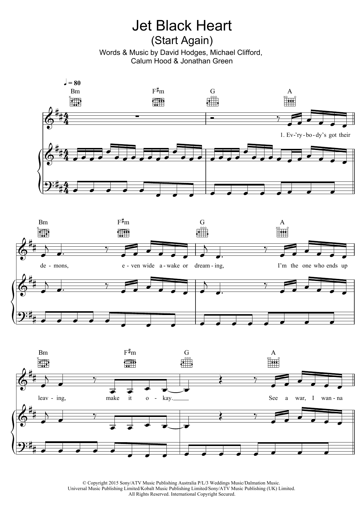 5 Seconds of Summer Jet Black Heart (Start Again) sheet music notes and chords arranged for Piano, Vocal & Guitar Chords
