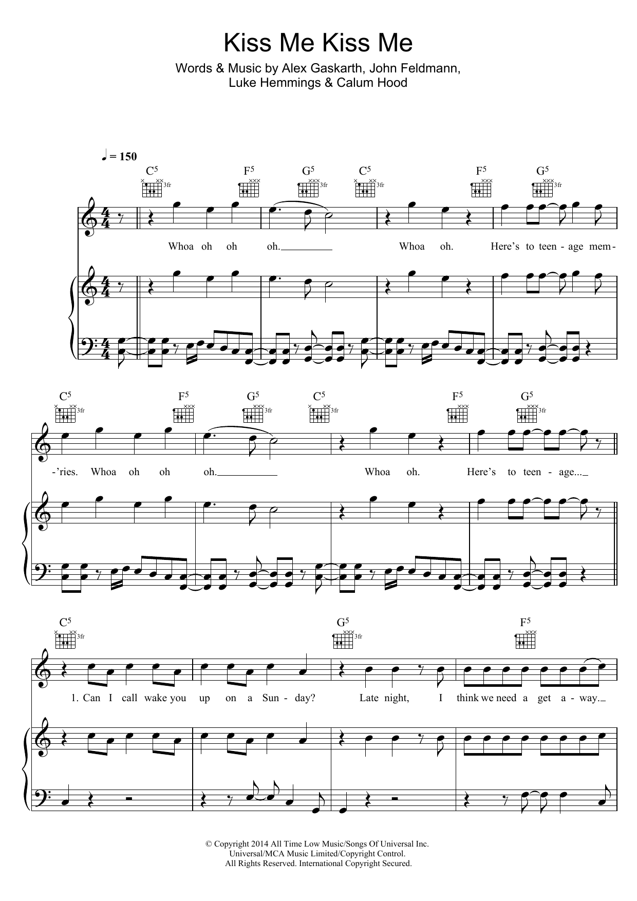 5 Seconds of Summer Kiss Me Kiss Me sheet music notes and chords arranged for Piano, Vocal & Guitar Chords