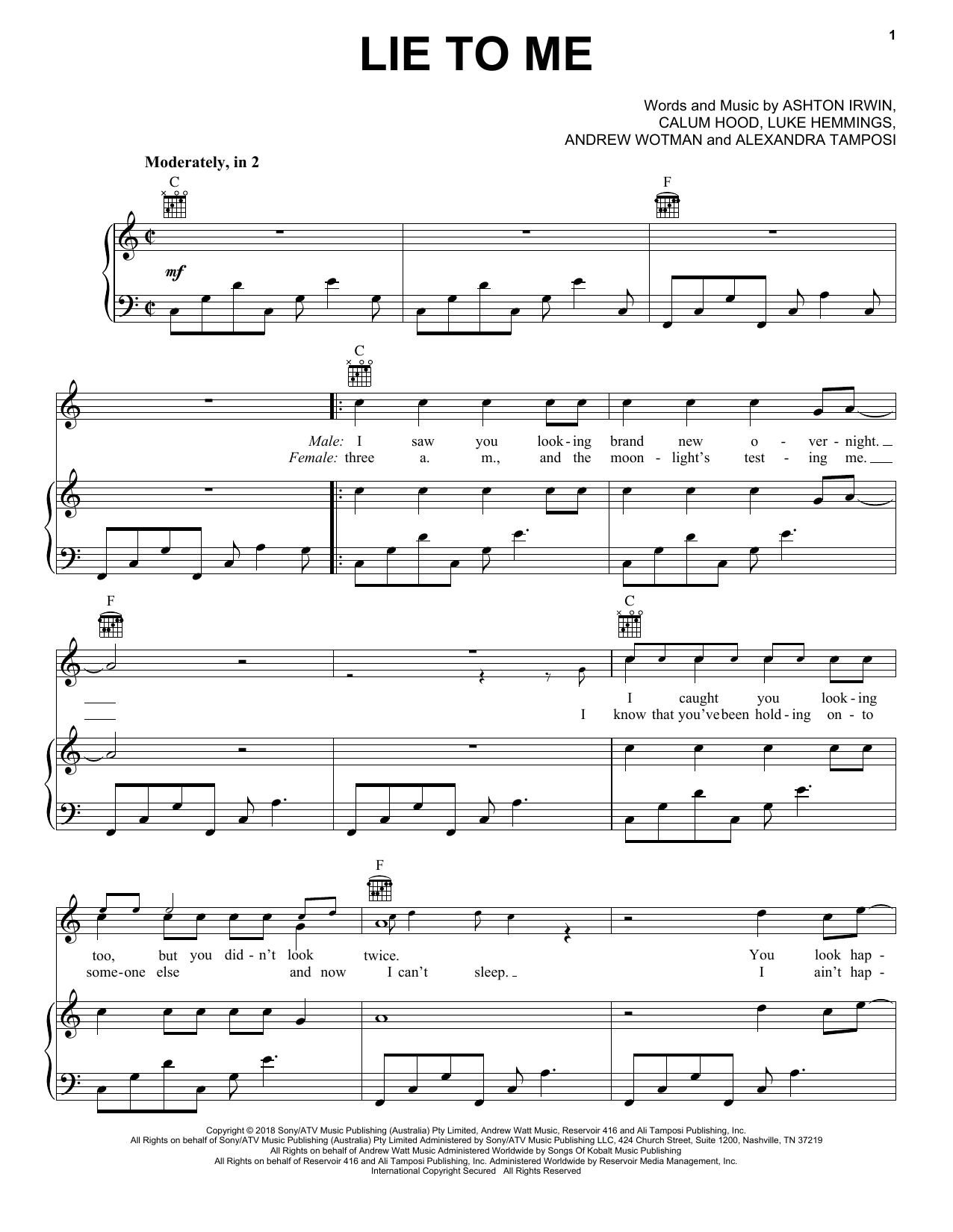 5 Seconds of Summer Lie To Me sheet music notes and chords arranged for Piano, Vocal & Guitar Chords (Right-Hand Melody)