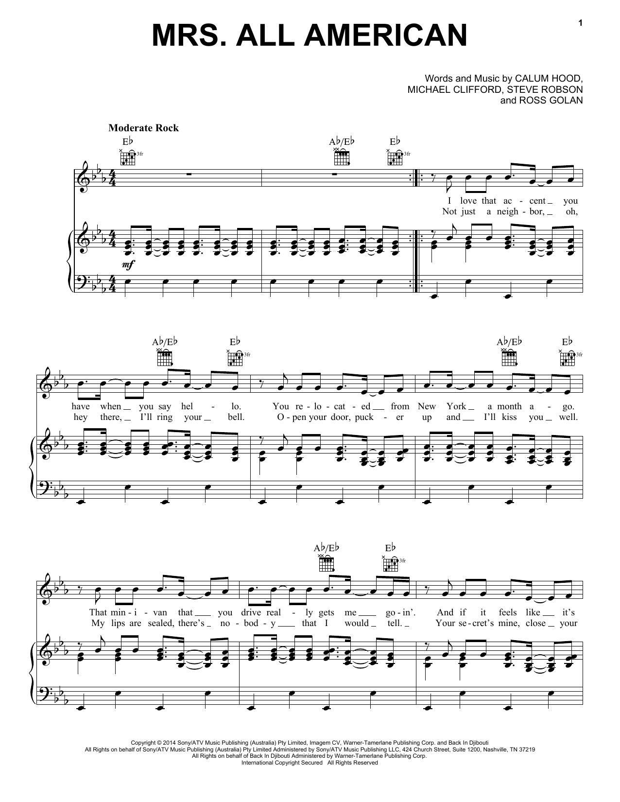 5 Seconds of Summer Mrs. All American sheet music notes and chords arranged for Piano, Vocal & Guitar Chords (Right-Hand Melody)