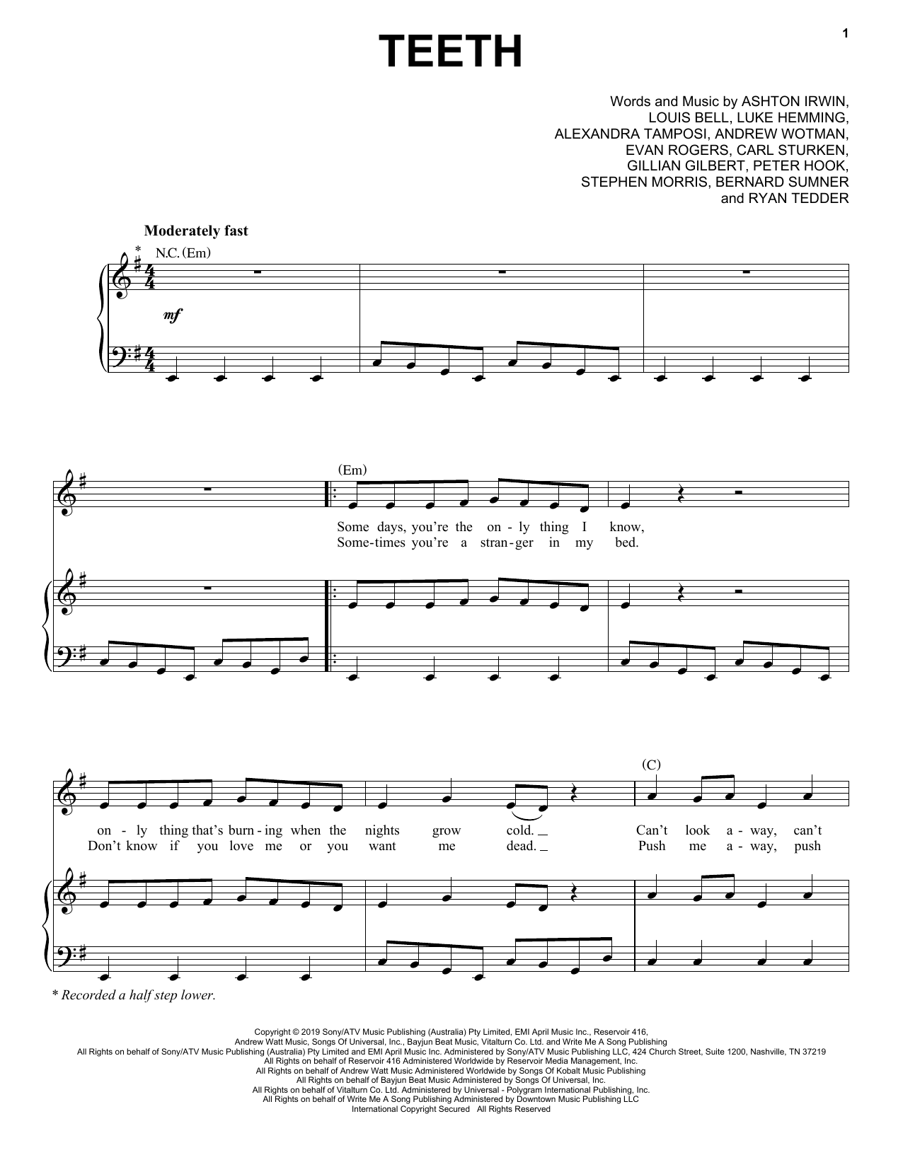 5 Seconds of Summer Teeth sheet music notes and chords arranged for Piano, Vocal & Guitar Chords (Right-Hand Melody)