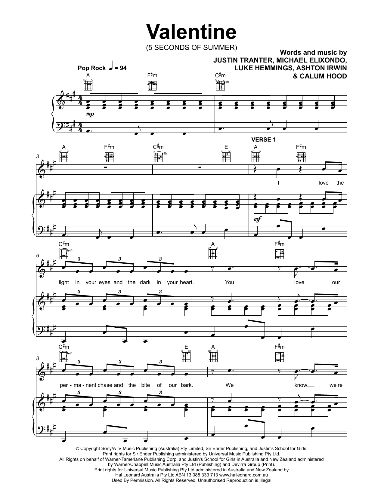 5 Seconds of Summer Valentine sheet music notes and chords arranged for Piano, Vocal & Guitar Chords (Right-Hand Melody)
