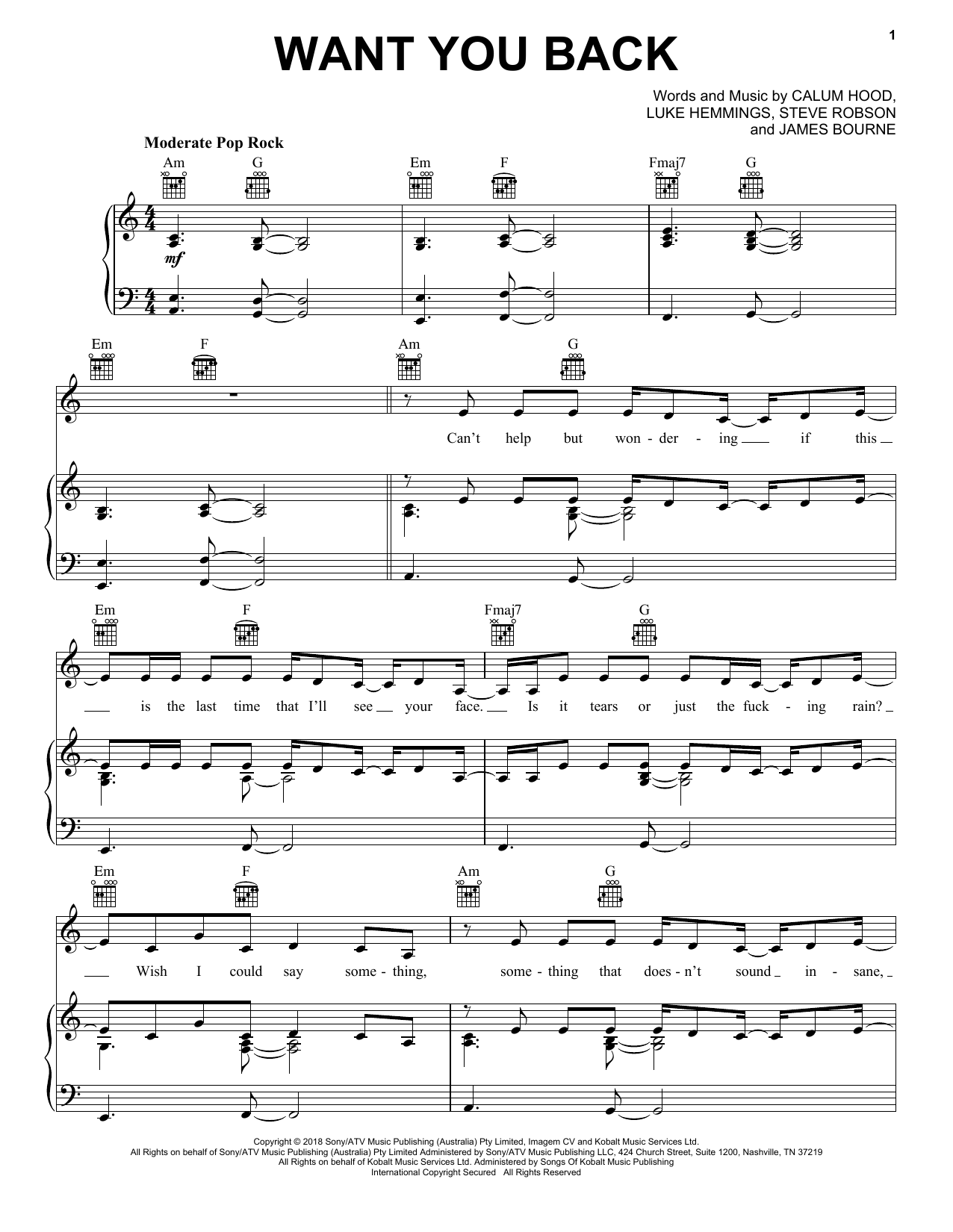 5 Seconds of Summer Want You Back sheet music notes and chords arranged for Piano, Vocal & Guitar Chords (Right-Hand Melody)