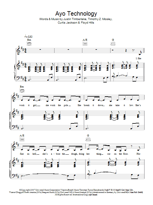 50 Cent Ayo Technology sheet music notes and chords arranged for Piano, Vocal & Guitar Chords