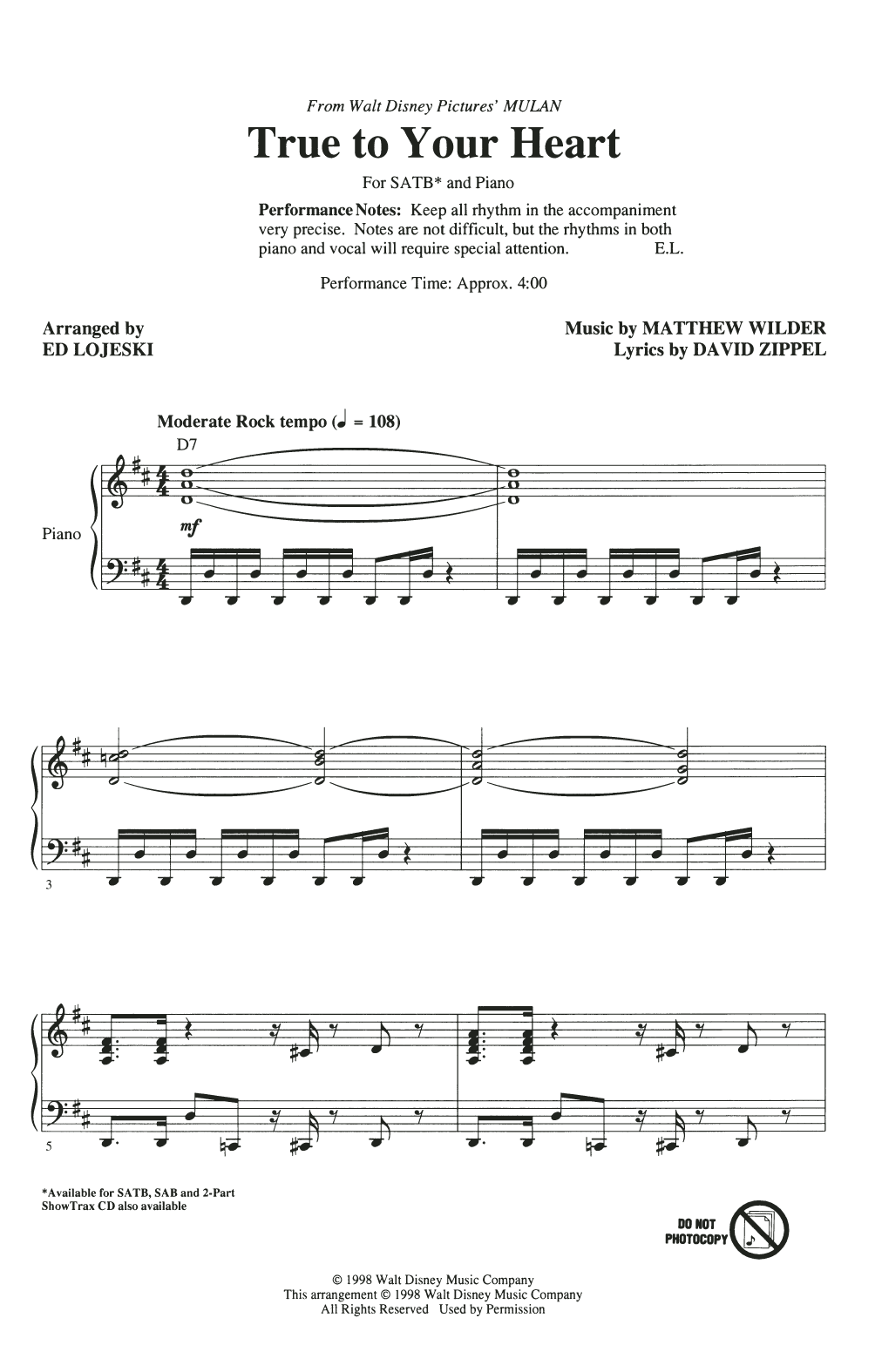 98 Degrees & Stevie Wonder True To Your Heart (from Mulan) (arr. Ed Lojeski) sheet music notes and chords arranged for SATB Choir