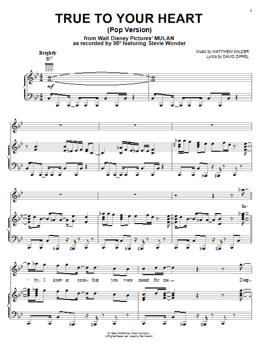 98 Degrees & Stevie Wonder True To Your Heart (from Mulan) sheet music notes and chords arranged for Piano, Vocal & Guitar Chords (Right-Hand Melody)