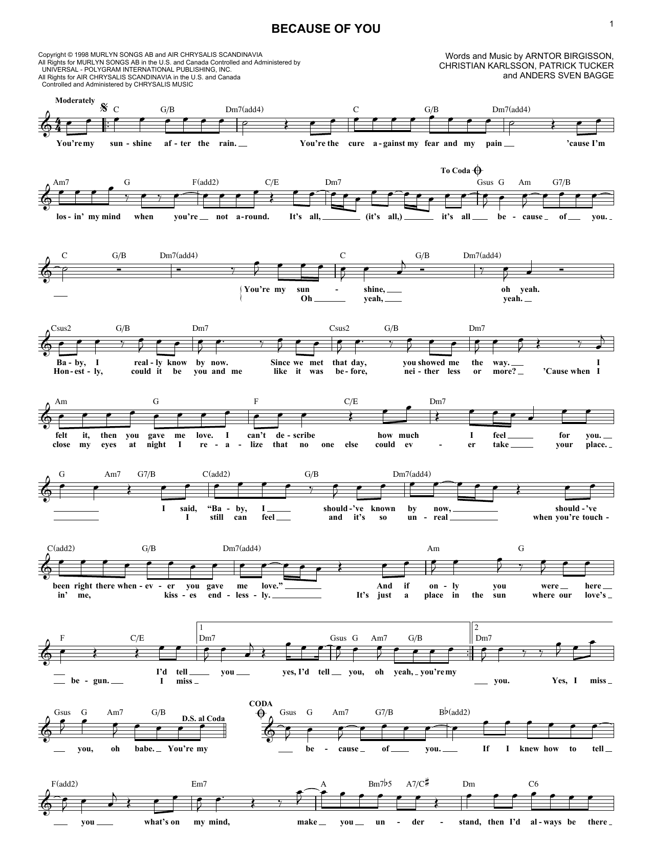 98 Degrees Because Of You sheet music notes and chords arranged for Lead Sheet / Fake Book