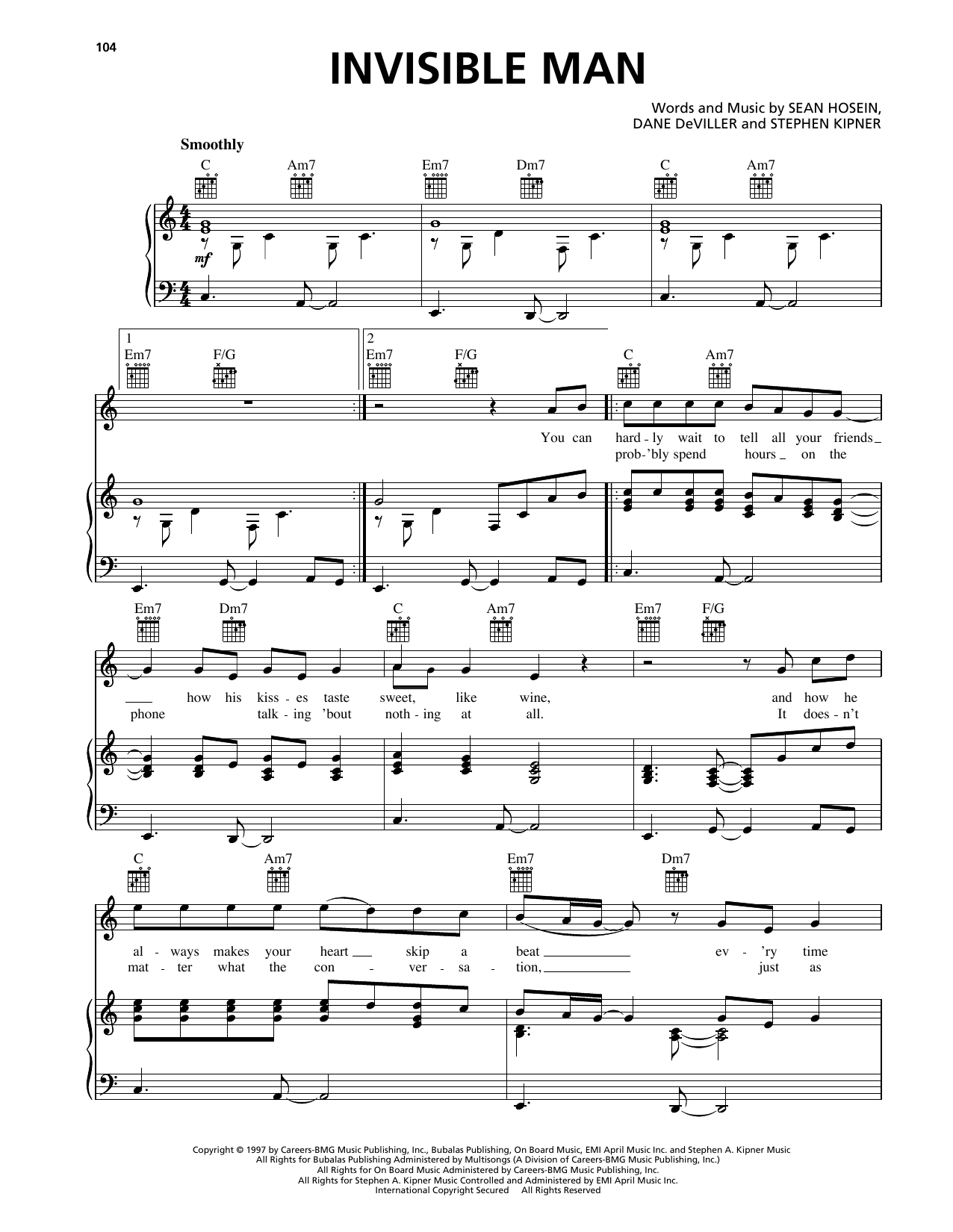 98 Degrees Invisible Man sheet music notes and chords arranged for Piano, Vocal & Guitar Chords (Right-Hand Melody)