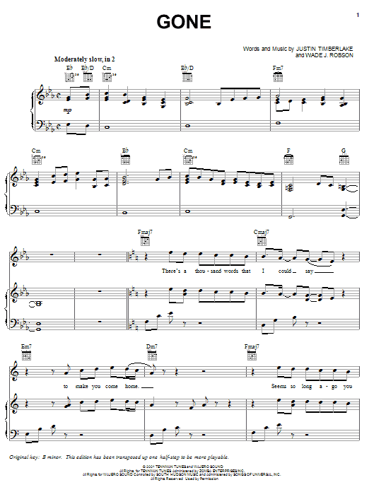 *NSYNC Gone sheet music notes and chords arranged for Piano, Vocal & Guitar Chords (Right-Hand Melody)