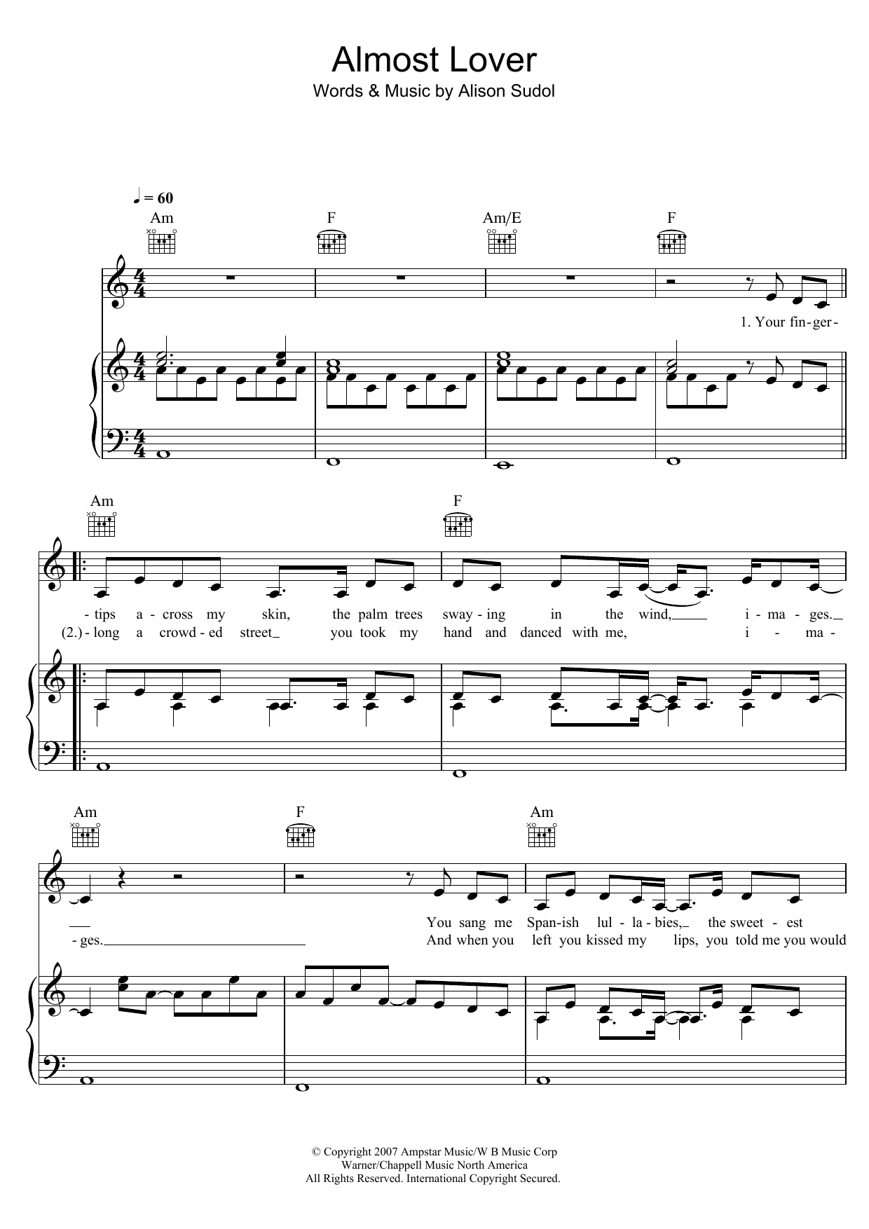 A Fine Frenzy Almost Lover sheet music notes and chords arranged for Piano, Vocal & Guitar Chords