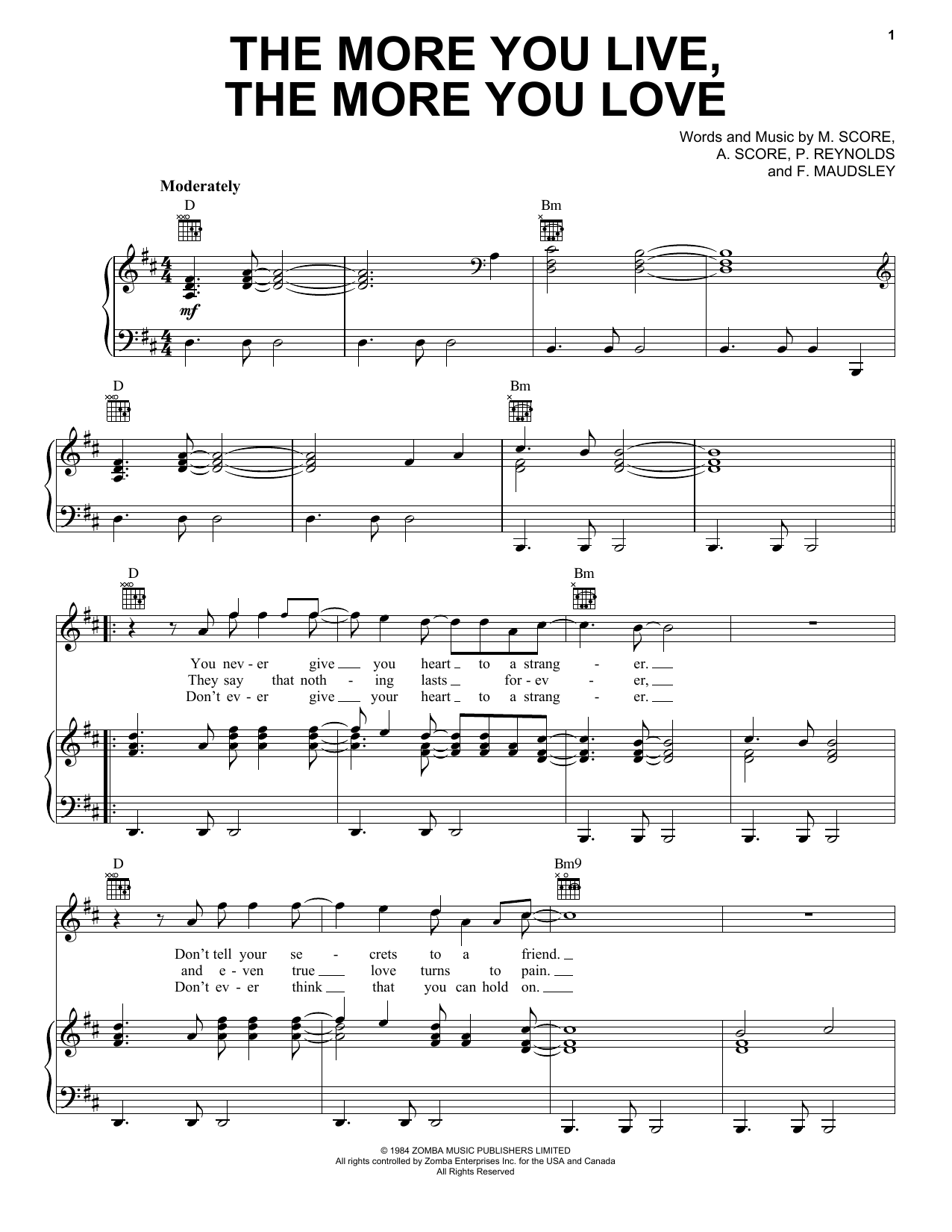 A Flock Of Seagulls The More You Live, The More You Love sheet music notes and chords arranged for Piano, Vocal & Guitar Chords (Right-Hand Melody)