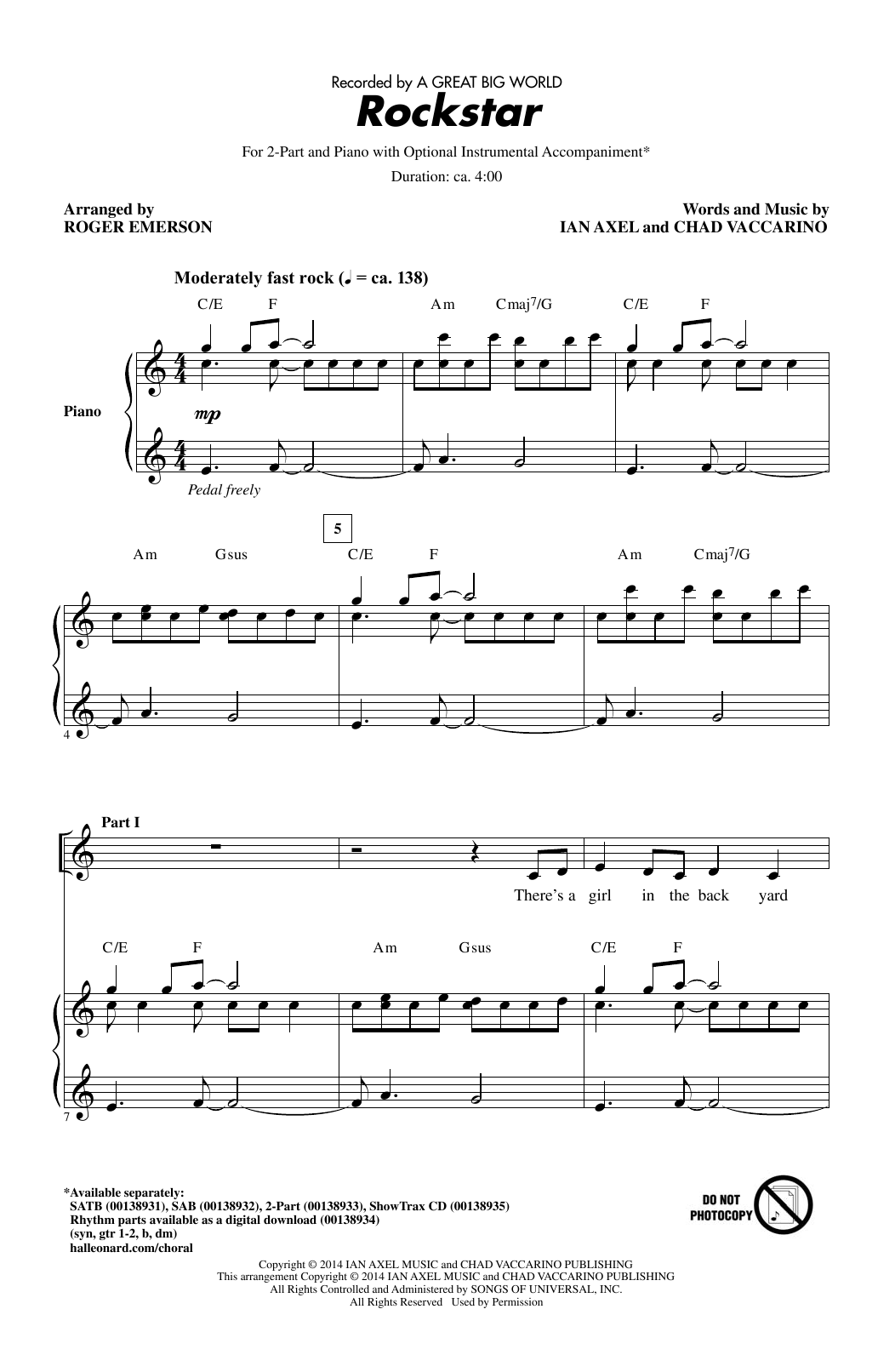 A Great Big World Rockstar (arr. Roger Emerson) sheet music notes and chords arranged for SATB Choir