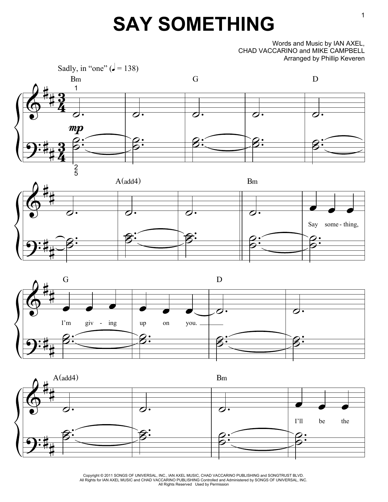 A Great Big World Say Something (arr. Phillip Keveren) sheet music notes and chords arranged for Big Note Piano