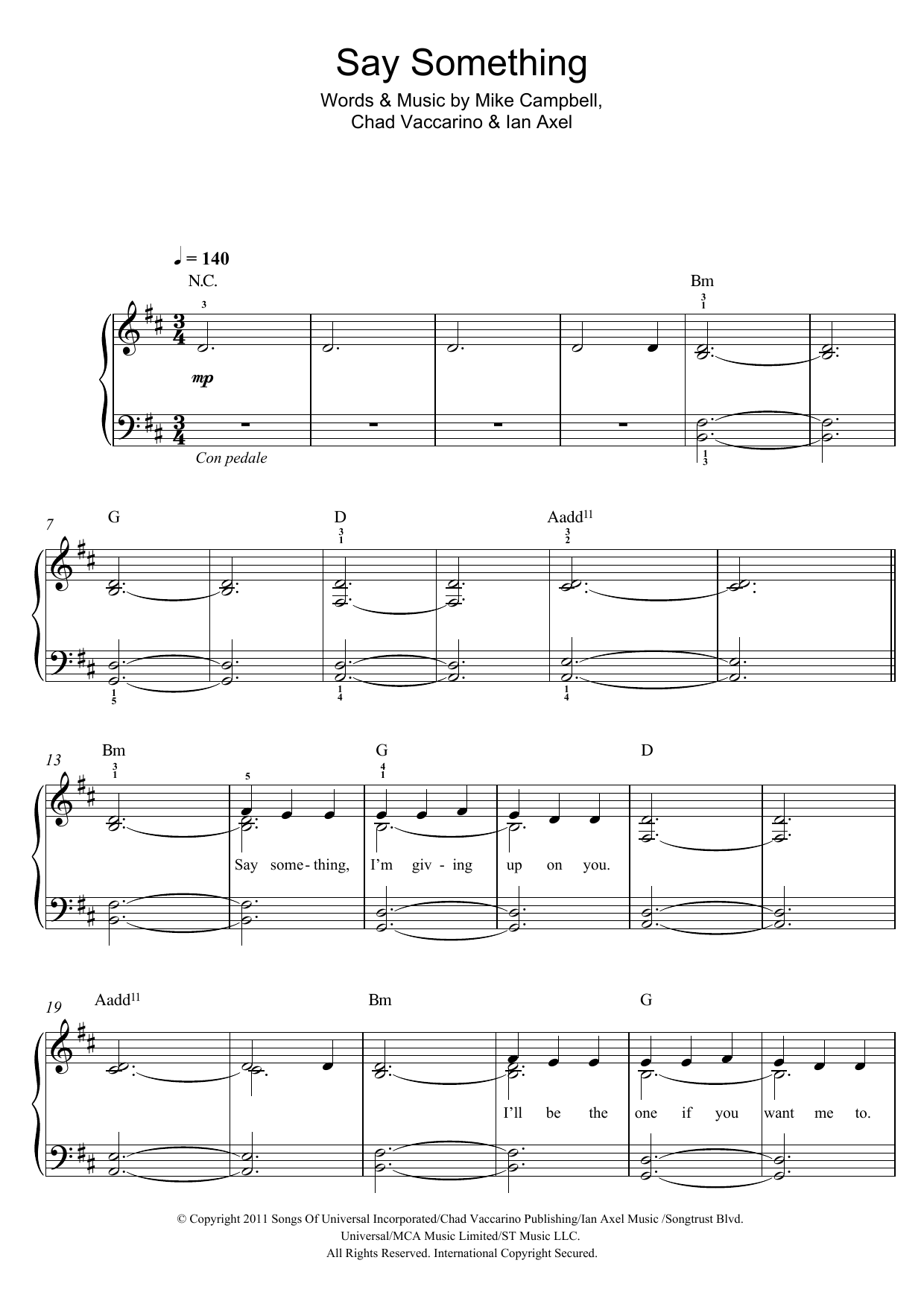 A Great Big World Say Something sheet music notes and chords arranged for Piano Solo