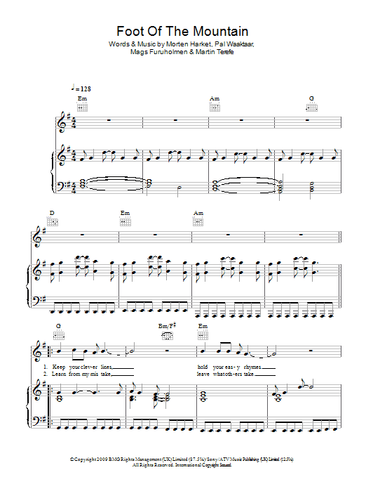 a-ha Foot Of The Mountain sheet music notes and chords arranged for Piano, Vocal & Guitar Chords