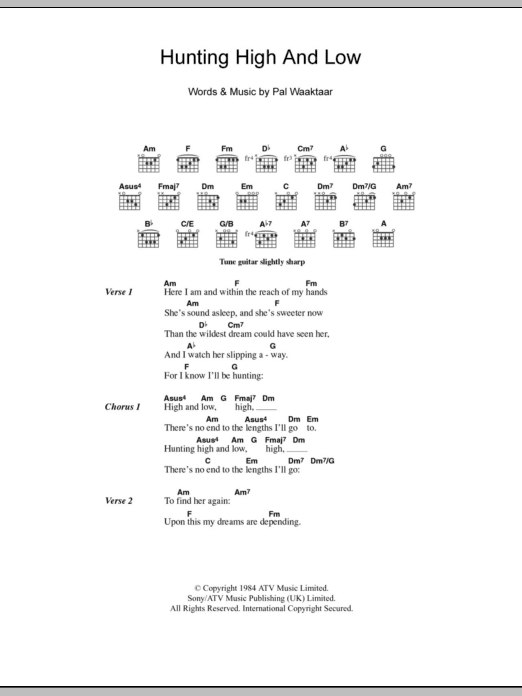 A-Ha Hunting High And Low sheet music notes and chords arranged for Guitar Chords/Lyrics
