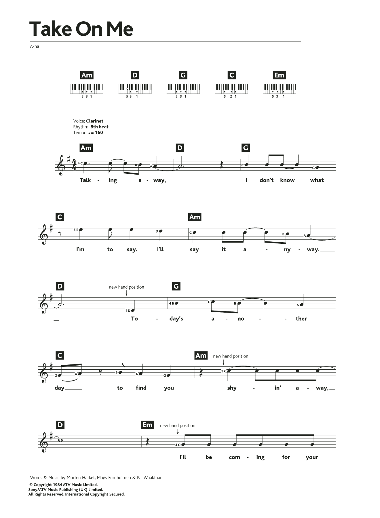 a-ha Take On Me (abridged) sheet music notes and chords arranged for Piano Chords/Lyrics