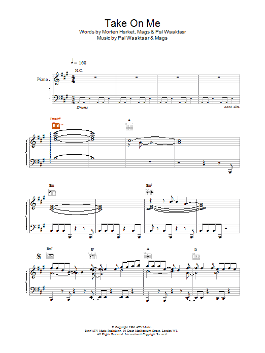 a-ha Take On Me sheet music notes and chords arranged for Alto Sax Solo