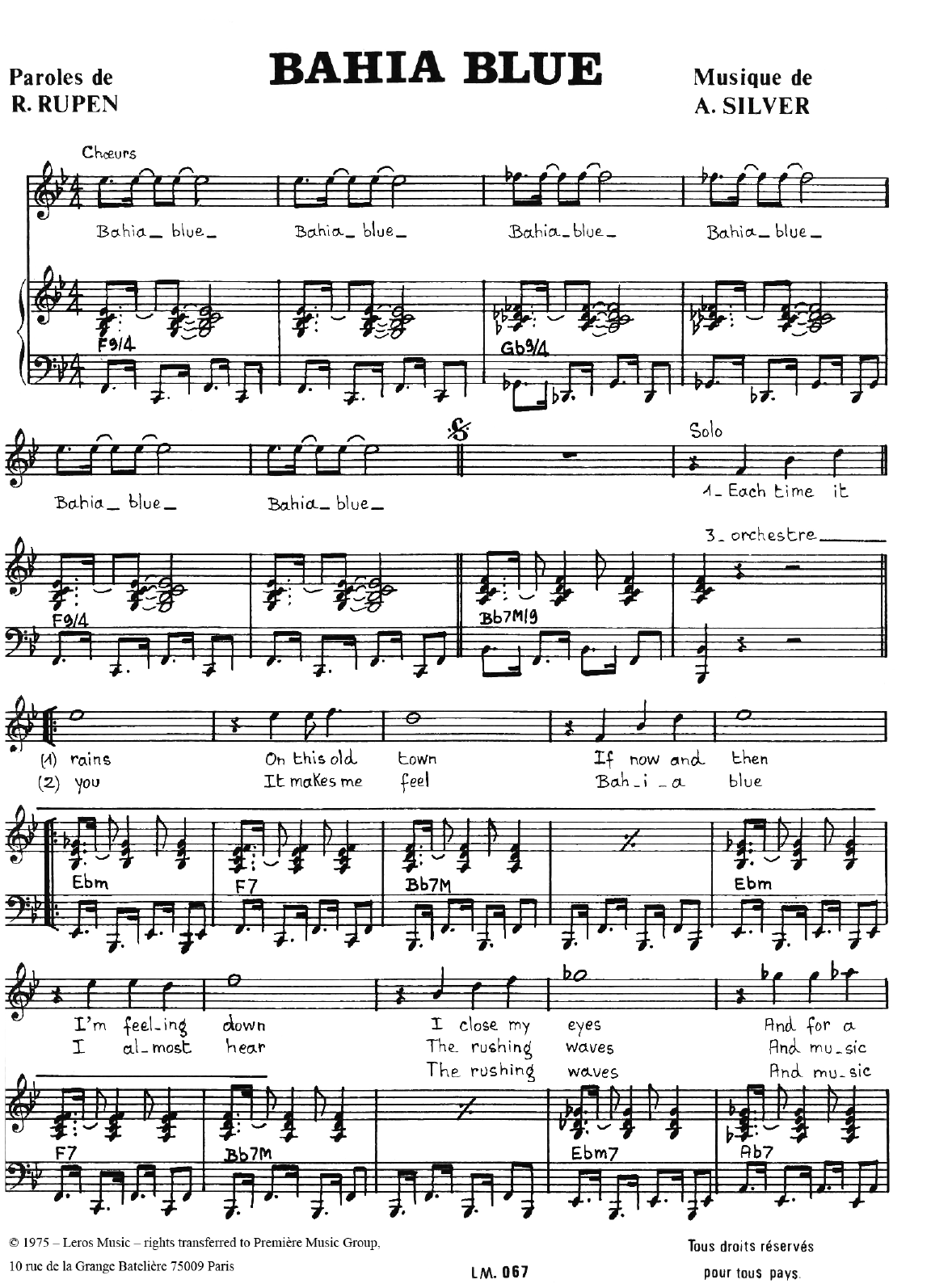 A Koulouris Bahia Blue sheet music notes and chords arranged for Piano & Vocal