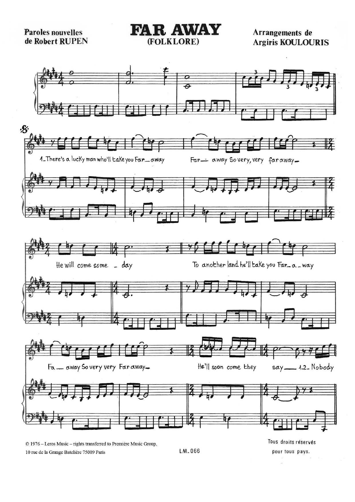 A Koulouris Far Away sheet music notes and chords arranged for Piano & Vocal