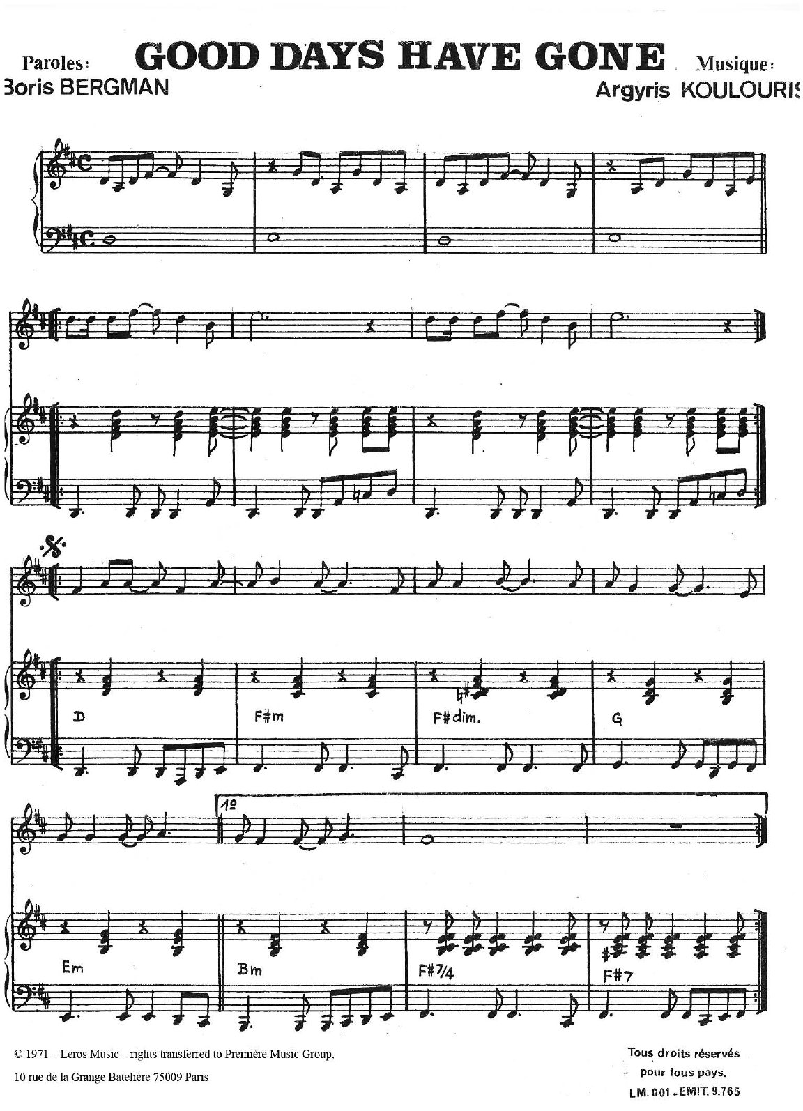 A Koulouris Good Days Have Gone sheet music notes and chords arranged for Piano, Vocal & Guitar Chords