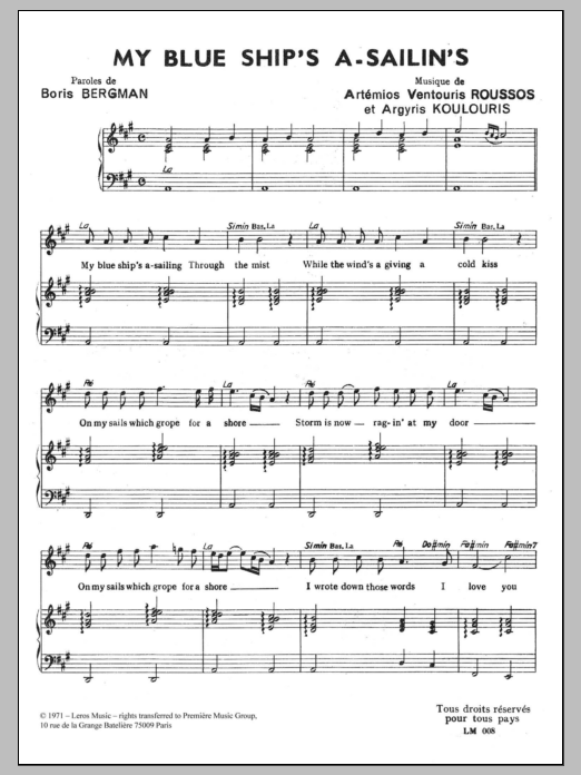 A Koulouris My Blue Ship's A Sailin' sheet music notes and chords arranged for Piano & Vocal