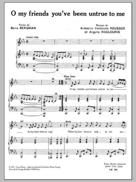 A Koulouris O My Friends You've Been Untrue To Me sheet music notes and chords arranged for Piano & Vocal