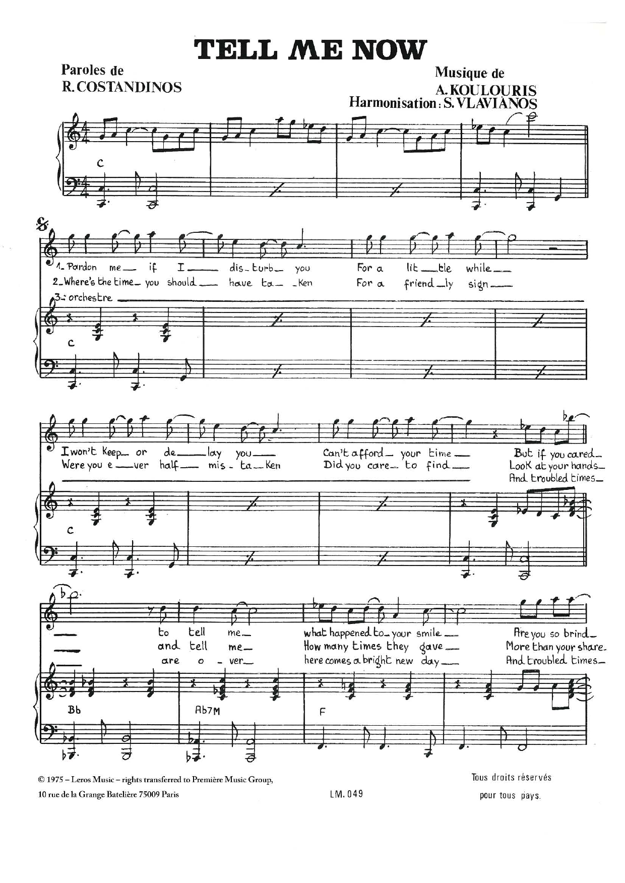 A Koulouris Tell Me Now sheet music notes and chords arranged for Piano & Vocal