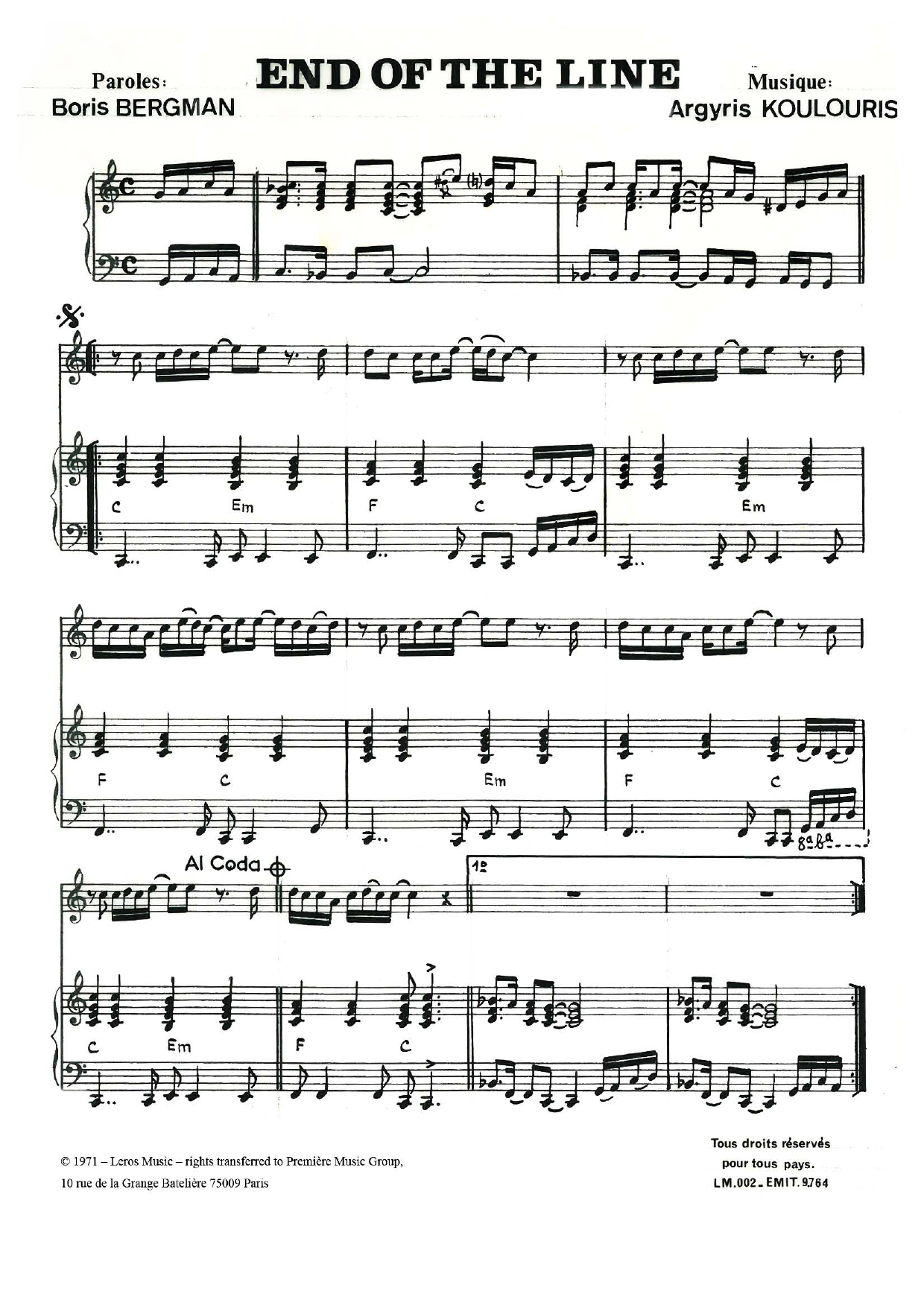 A Koulouris The End Of The Line sheet music notes and chords arranged for Piano & Vocal