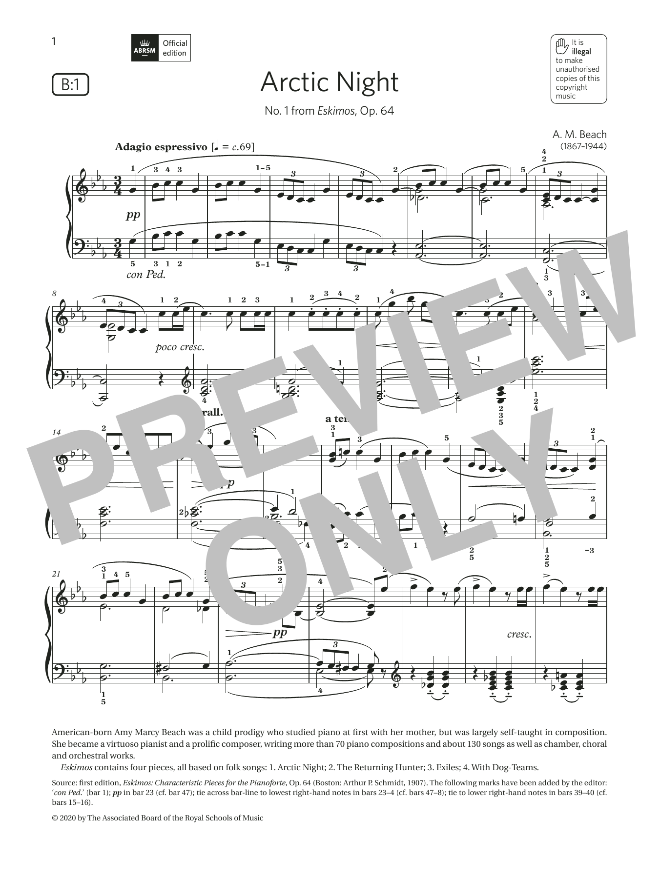 A. M. Beach Arctic Night (Grade 5, list B1, from the ABRSM Piano Syllabus 2021 & 2022) sheet music notes and chords arranged for Piano Solo