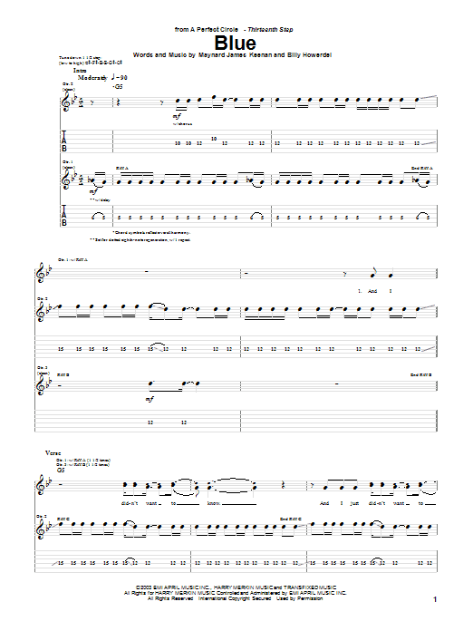 A Perfect Circle Blue sheet music notes and chords arranged for Guitar Tab