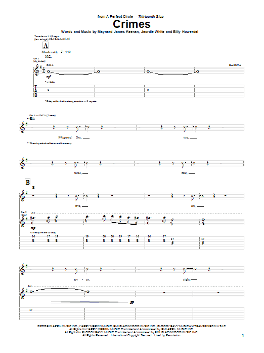A Perfect Circle Crimes sheet music notes and chords arranged for Guitar Tab