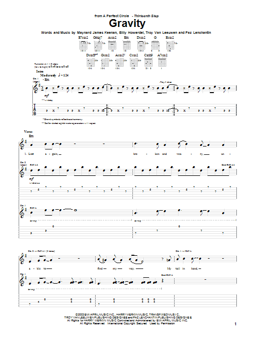 A Perfect Circle Gravity sheet music notes and chords arranged for Guitar Tab