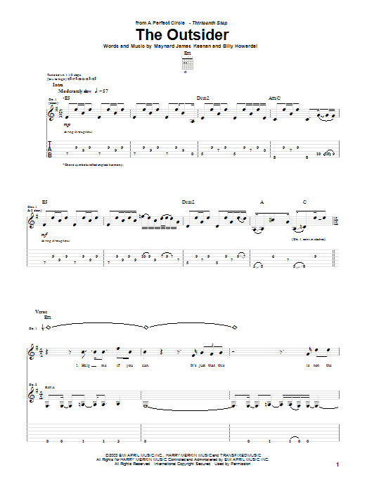 A Perfect Circle The Outsider sheet music notes and chords arranged for Guitar Tab