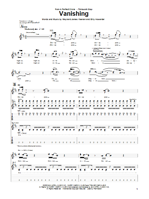 A Perfect Circle Vanishing sheet music notes and chords arranged for Guitar Tab