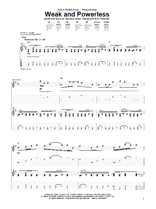 A Perfect Circle Weak And Powerless sheet music notes and chords arranged for Guitar Tab