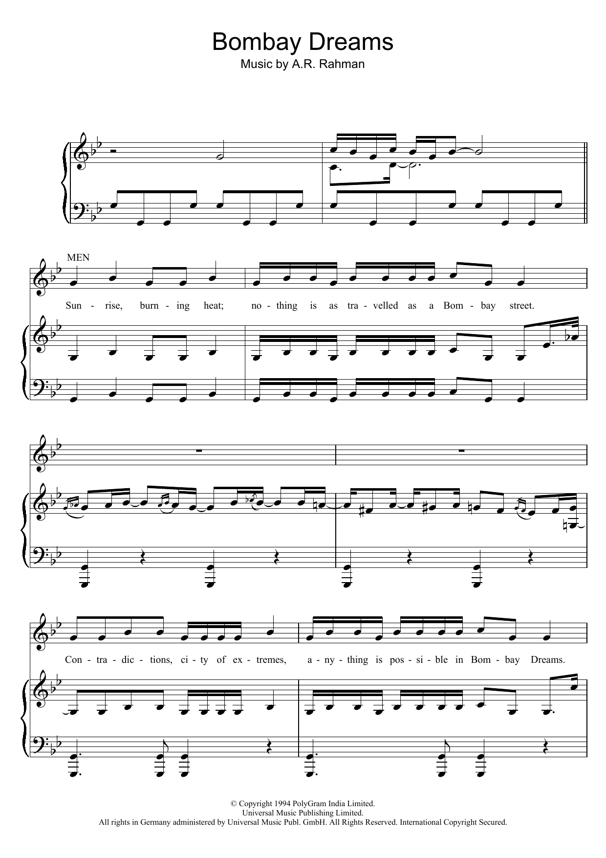 A. R. Rahman Bombay Dreams sheet music notes and chords arranged for Piano, Vocal & Guitar Chords