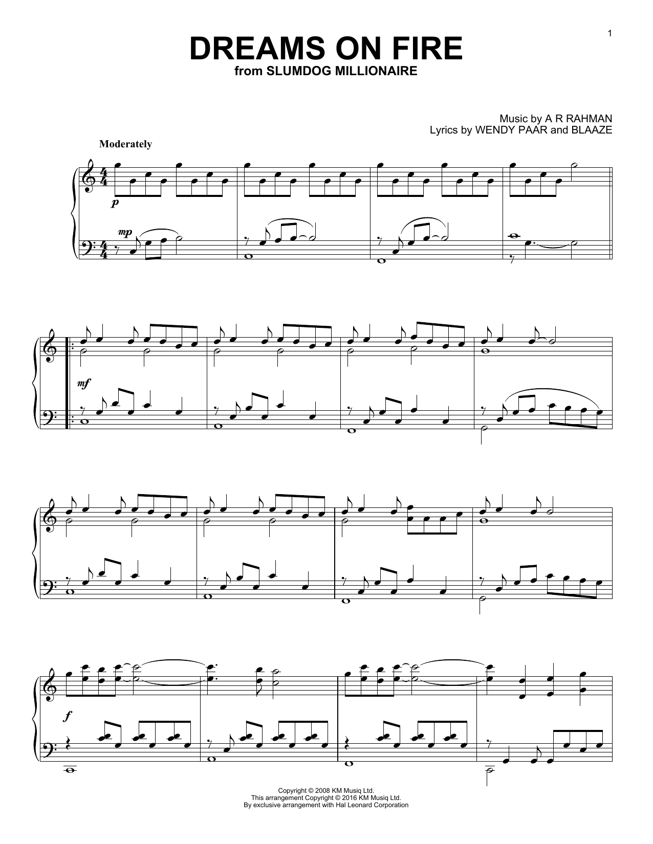 A R Rahman Dreams On Fire sheet music notes and chords arranged for Piano Solo