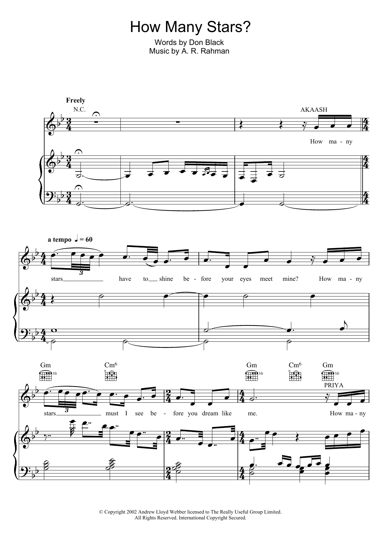 A. R. Rahman How Many Stars? sheet music notes and chords arranged for Piano, Vocal & Guitar Chords