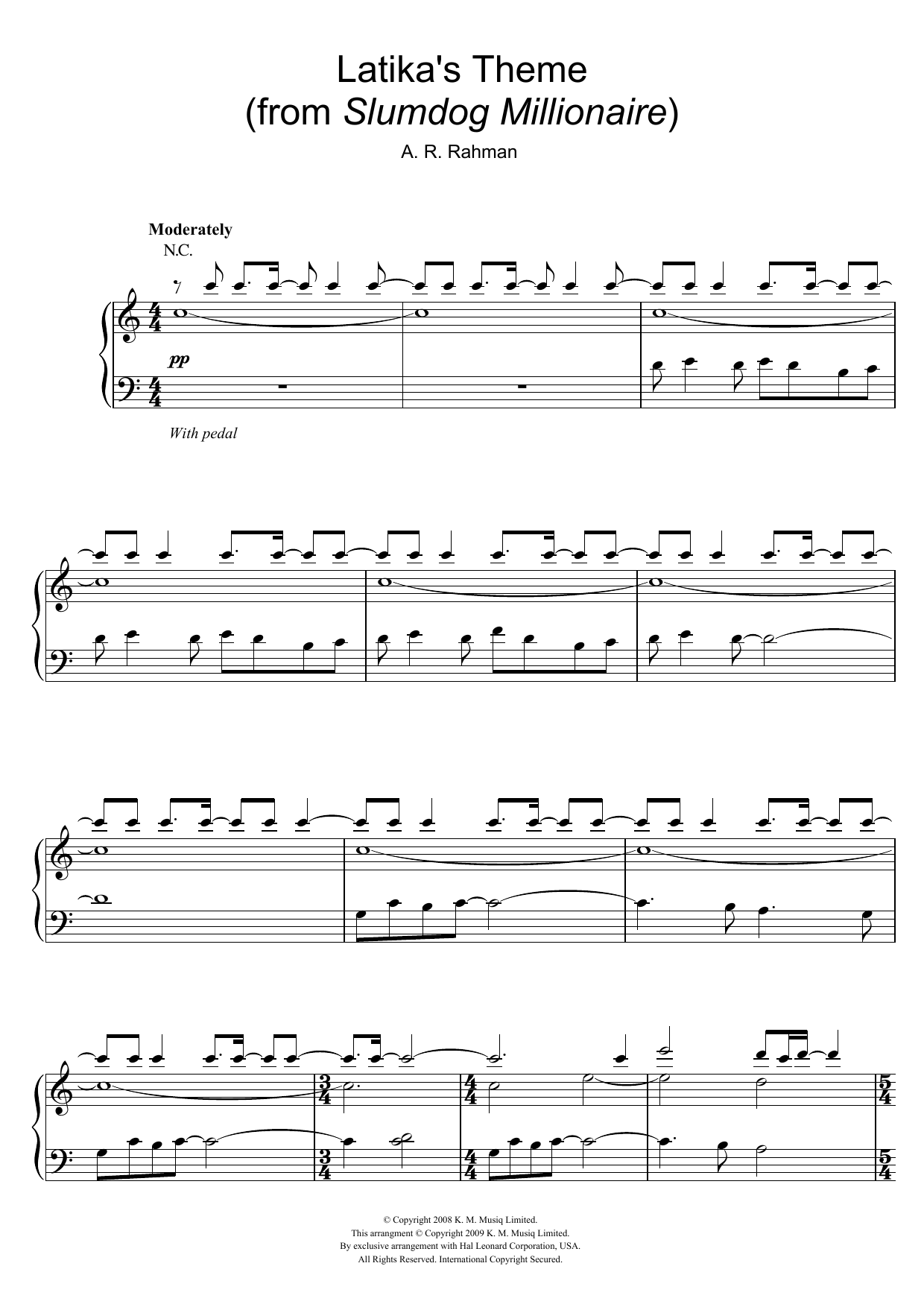A. R. Rahman Latika's Theme (from Slumdog Millionaire) sheet music notes and chords arranged for Piano Solo