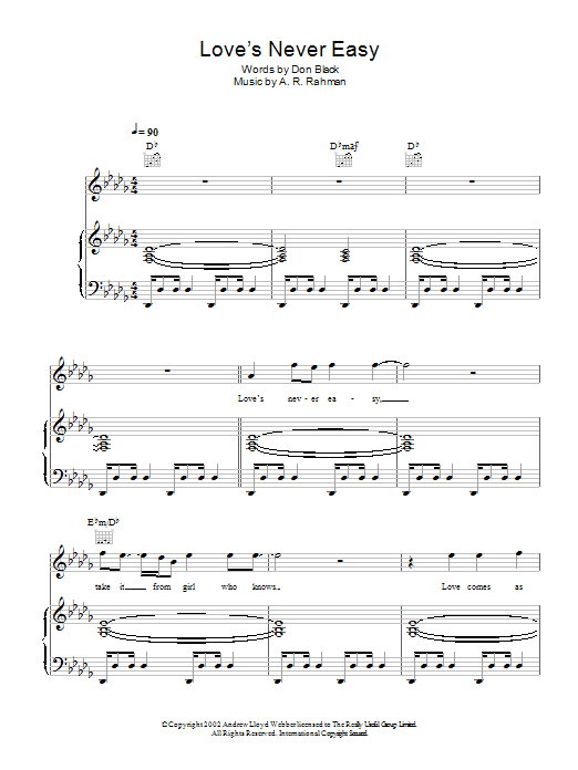 A. R. Rahman Love's Never Easy sheet music notes and chords arranged for Piano, Vocal & Guitar Chords