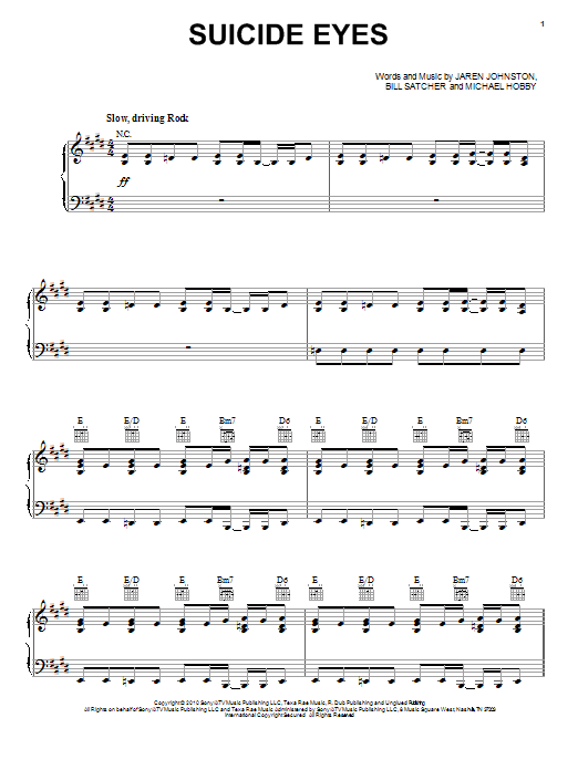 A Thousand Horses Suicide Eyes sheet music notes and chords arranged for Piano, Vocal & Guitar Chords (Right-Hand Melody)