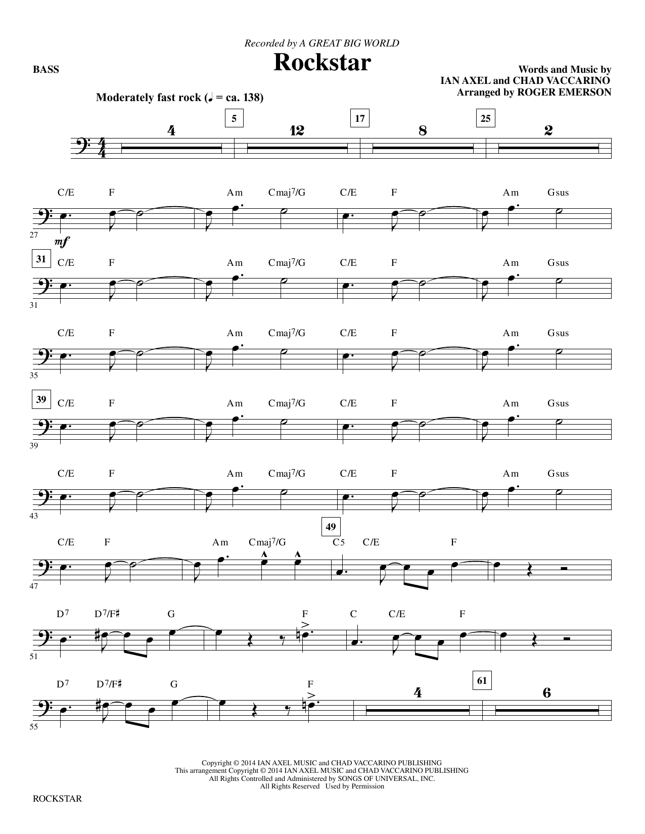 A Great Big World Rockstar (arr. Roger Emerson) - Bass sheet music notes and chords. Download Printable PDF.