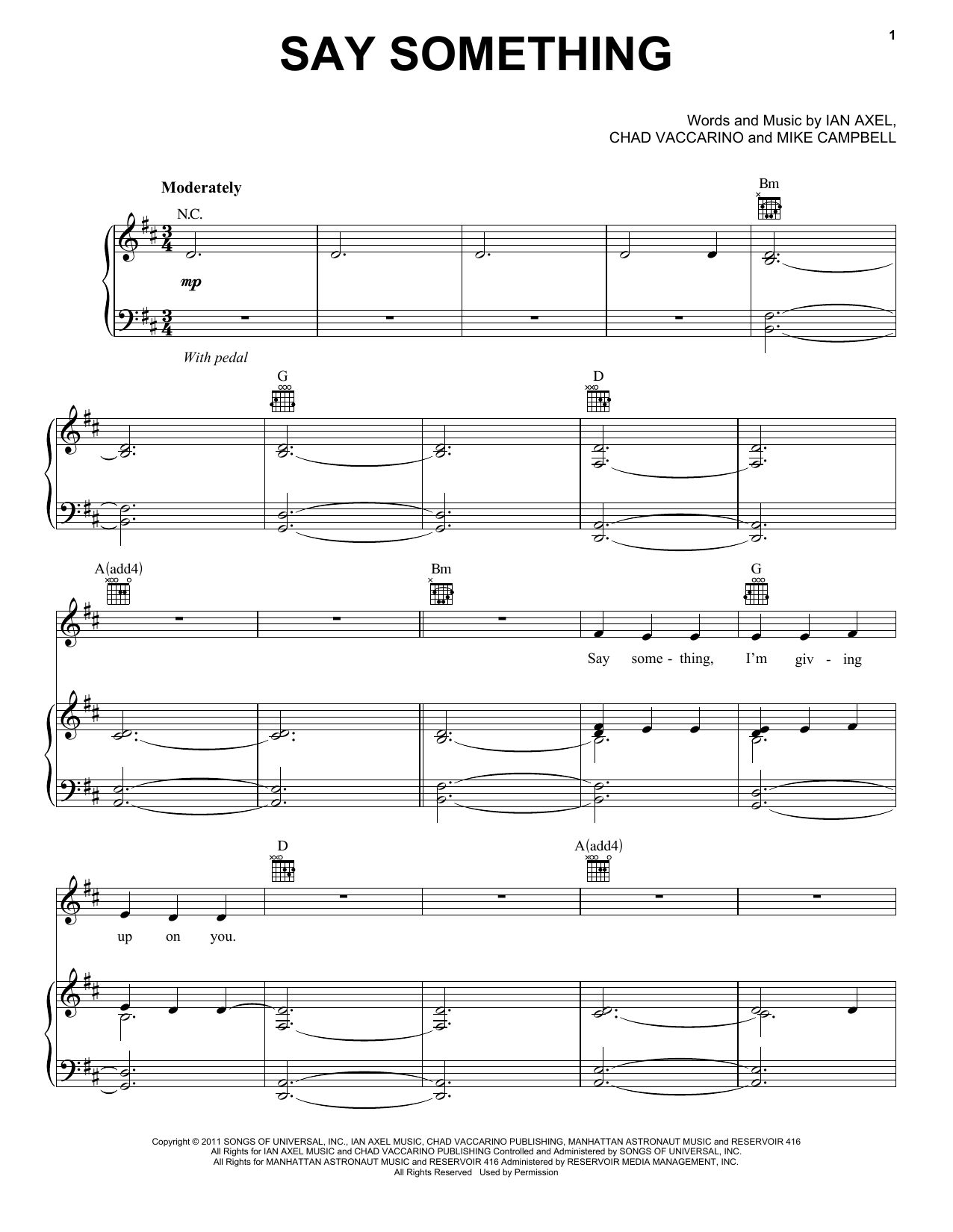 A Great Big World and Christina Aguilera Say Something sheet music notes and chords arranged for Piano, Vocal & Guitar Chords (Right-Hand Melody)