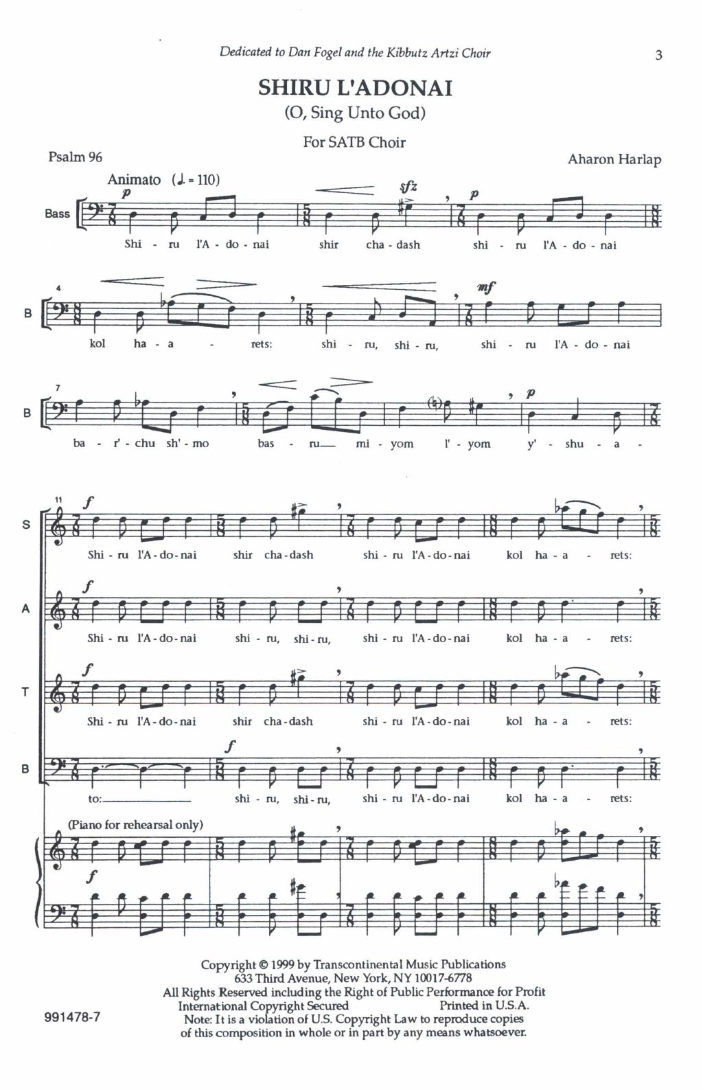 Aahron Harlap Shiru L'adonai (O Sing Unto God) sheet music notes and chords arranged for SATB Choir