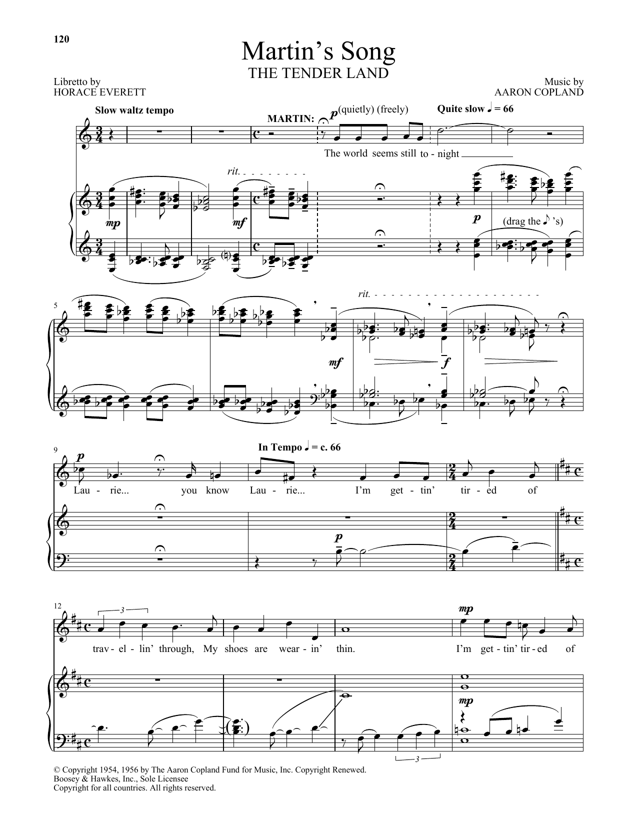 Aaron Copland Martin's Song (from The Tender Land) sheet music notes and chords arranged for Piano & Vocal