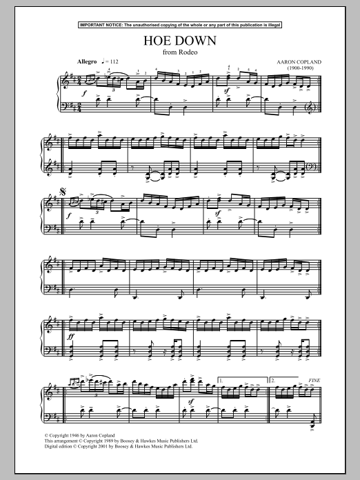 Aaron Copland Rodeo (Hoe-Down) sheet music notes and chords arranged for Piano Solo