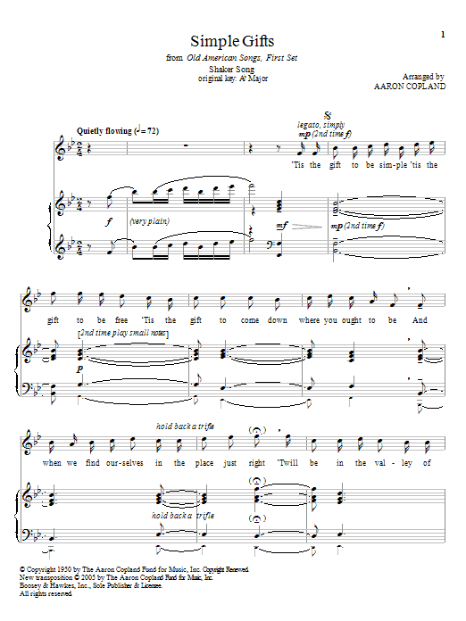Aaron Copland Simple Gifts sheet music notes and chords arranged for Piano & Vocal